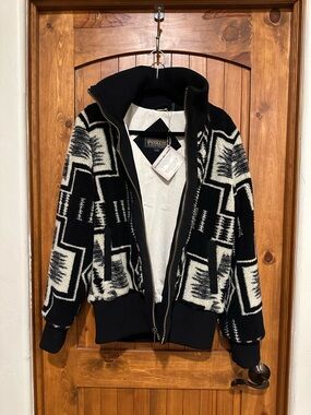 Pendleton Dry Goods Black and Cream Wool Zip Jacket with Label Tag